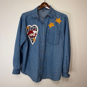 VTG PTNY Denim Shirt Raggedy Ann Andy Heart Stars whimsical patchwork Denim M